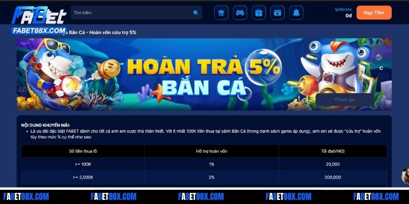 Hoàn trả 5% cho các cược thủ thường xuyên tham gia sảnh Bắn Cá