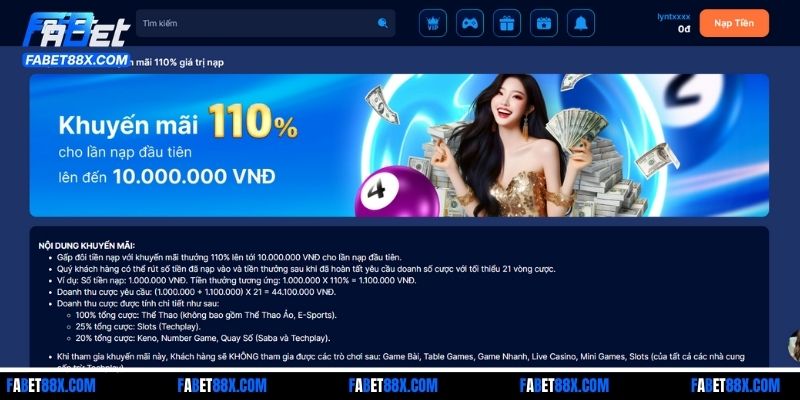 Khuyến mãi FABET 110% lần nạp đầu dành tặng người chơi mới
