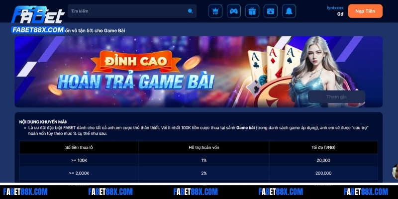 Sân chơi sẽ hoàn lại một phần vốn cho các trò chơi thuộc sảnh Game Bài